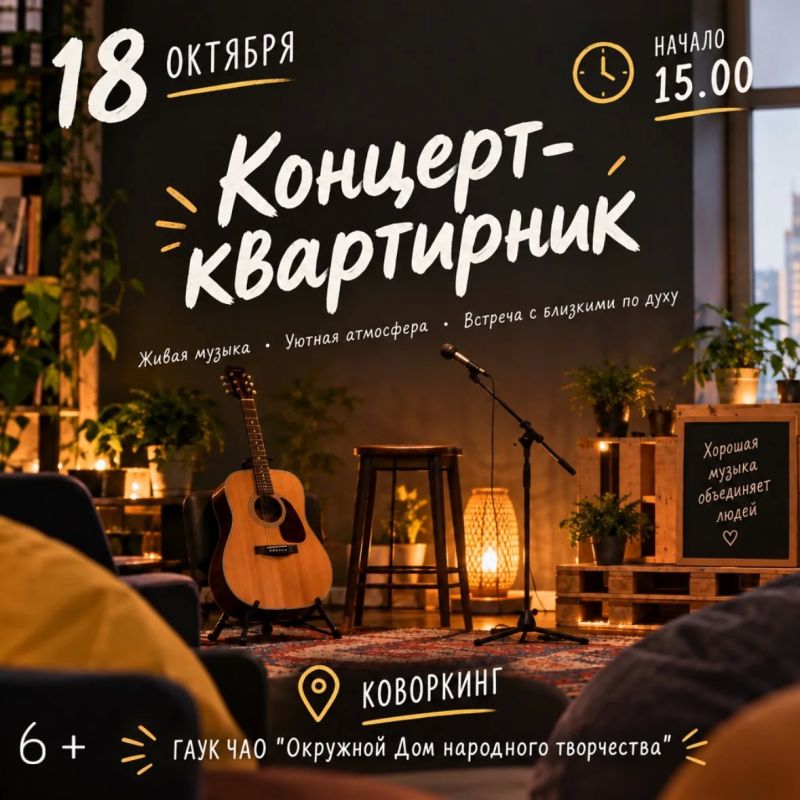 Концерт-квартирник. Мы снова собираем гостей на уютный музыкальный вечер! Гитара, а иногда даже две, любимые песни, авторская музыка, живое исполнение и хорошая компания